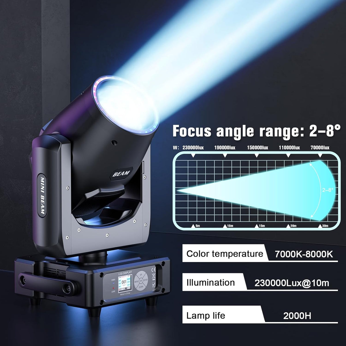 Mini 230W 7R Beam Moving Head podiumlicht met RGB lichtring 13 kleuren 14 patronen party verlichting koplamp voor disco club live show bar bruiloft Kerstmis podiumtechniek