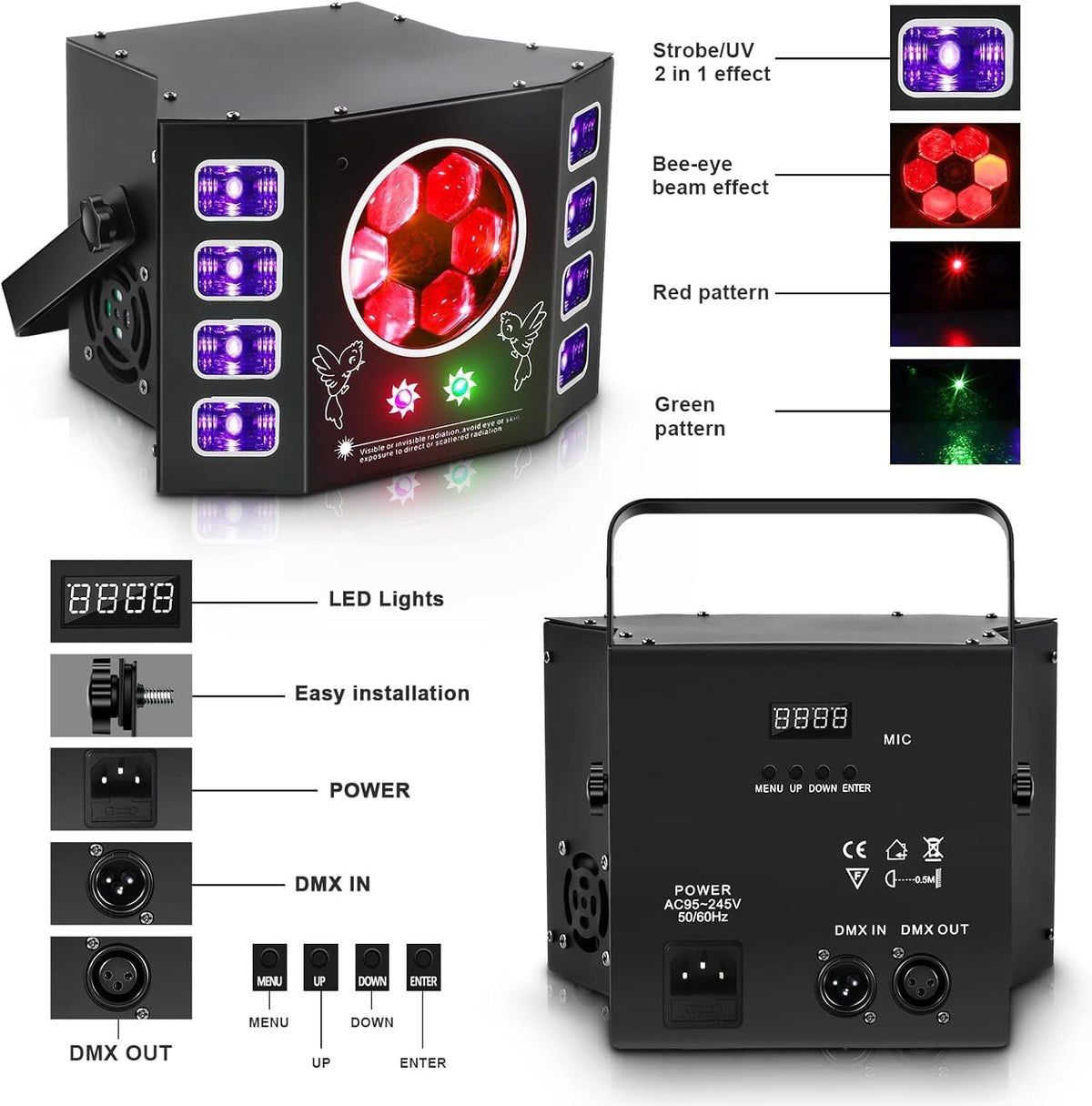 Lichtspel, discolicht, 100 W, feestlicht, bijenoog, uv-flitslicht, 14 DMX-kanalen met spraakbediening, afstandsbediening, geschikt voor bruiloft, verjaardagsfeest, Halloween