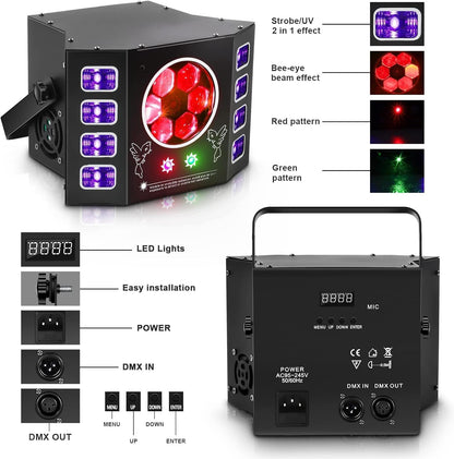 Lichtspel, discolicht, 100 W, feestlicht, bijenoog, uv-flitslicht, 14 DMX-kanalen met spraakbediening, afstandsbediening, geschikt voor bruiloft, verjaardagsfeest, Halloween
