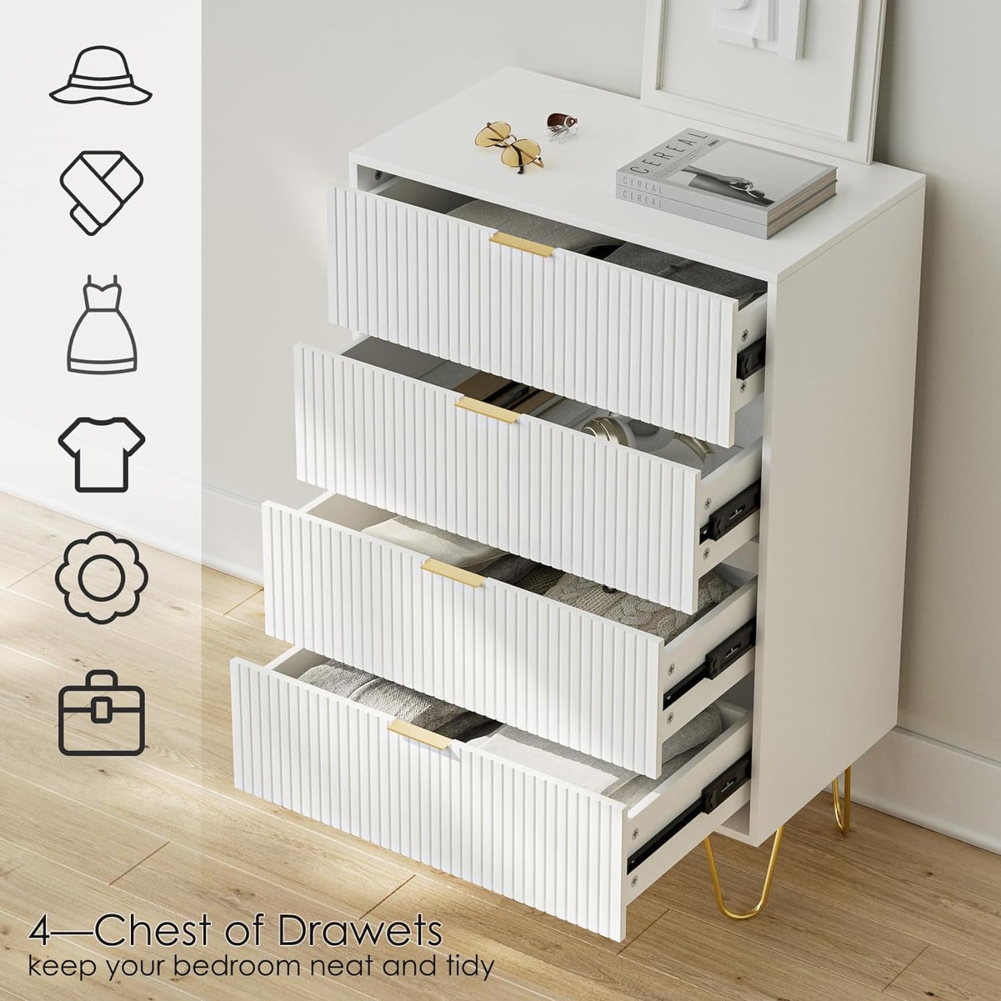Ladecommode, houten 4 laden kast opbergorganizer, hoge hoogglans ladekast met gouden metalen poten voor slaapkamer, woonkamer, kast, hal, wit