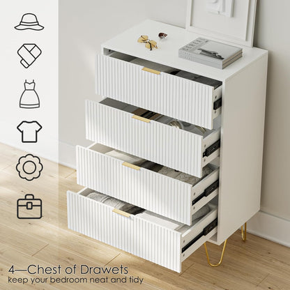 Ladecommode, houten 4 laden kast opbergorganizer, hoge hoogglans ladekast met gouden metalen poten voor slaapkamer, woonkamer, kast, hal, wit