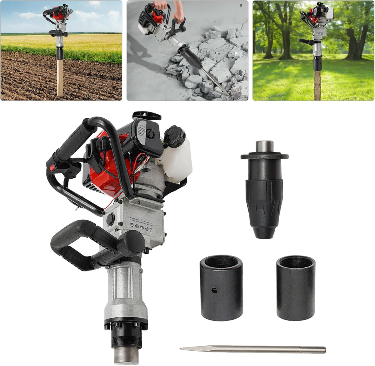 OUKANING 2-in-1 Petrol Ramper with Adapter Head, 32.7 cc Engine, 25-50J Impact Force, 1700-2230 BPM, with 2 55 mm/70 mm Sleeves and Accessories for Horticulture, Fencing, Agriculture - QUORE