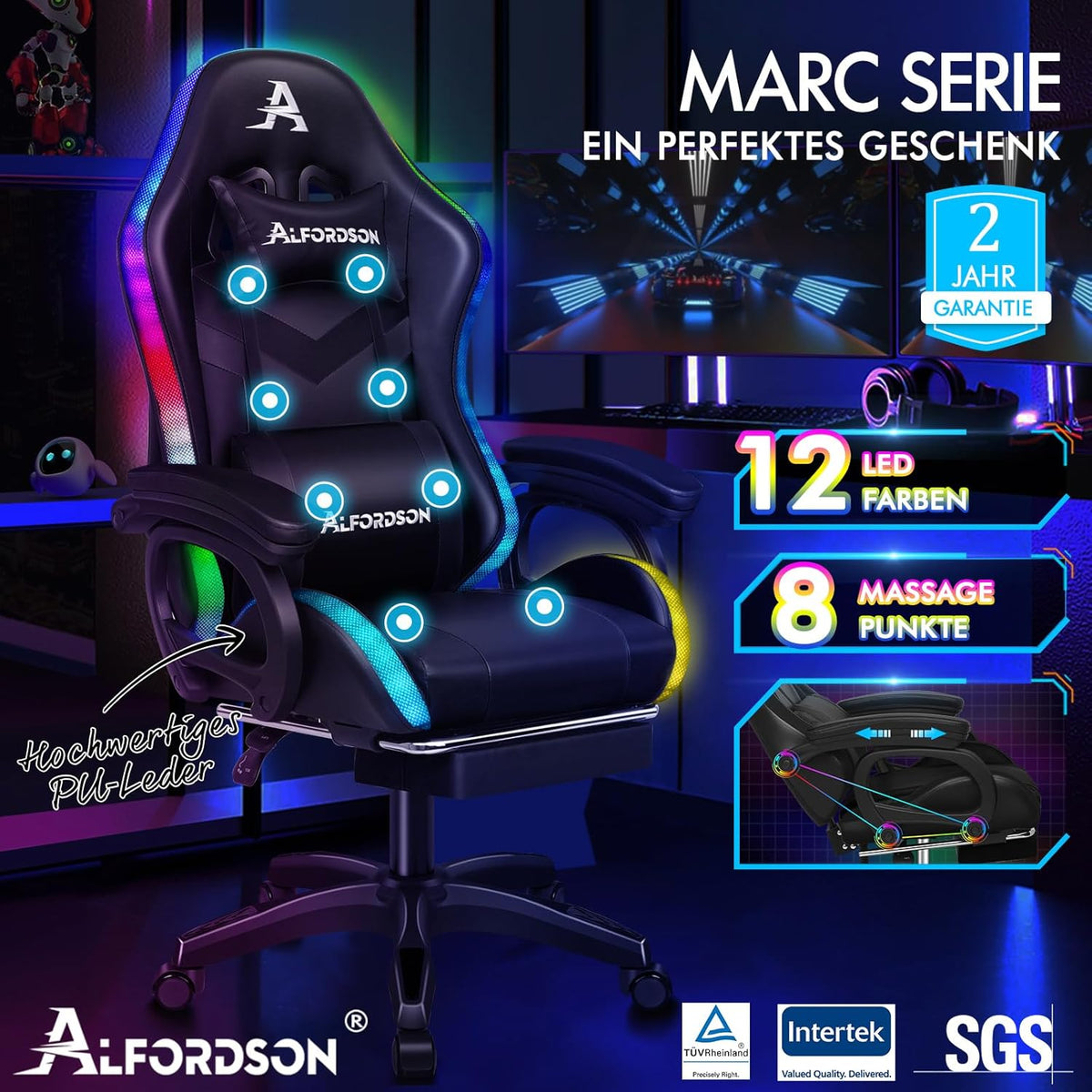 ALFORDSON Gaming Chair with 8-Point Massage, 12 Colours, RGB LED Light, Ergonomic Gaming Chair with Footrests, Headrest, Lumbar Cushion for Children and Adults, Black - QUORE