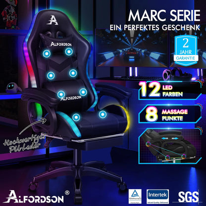 ALFORDSON Gaming Chair with 8-Point Massage, 12 Colours, RGB LED Light, Ergonomic Gaming Chair with Footrests, Headrest, Lumbar Cushion for Children and Adults, Black - QUORE