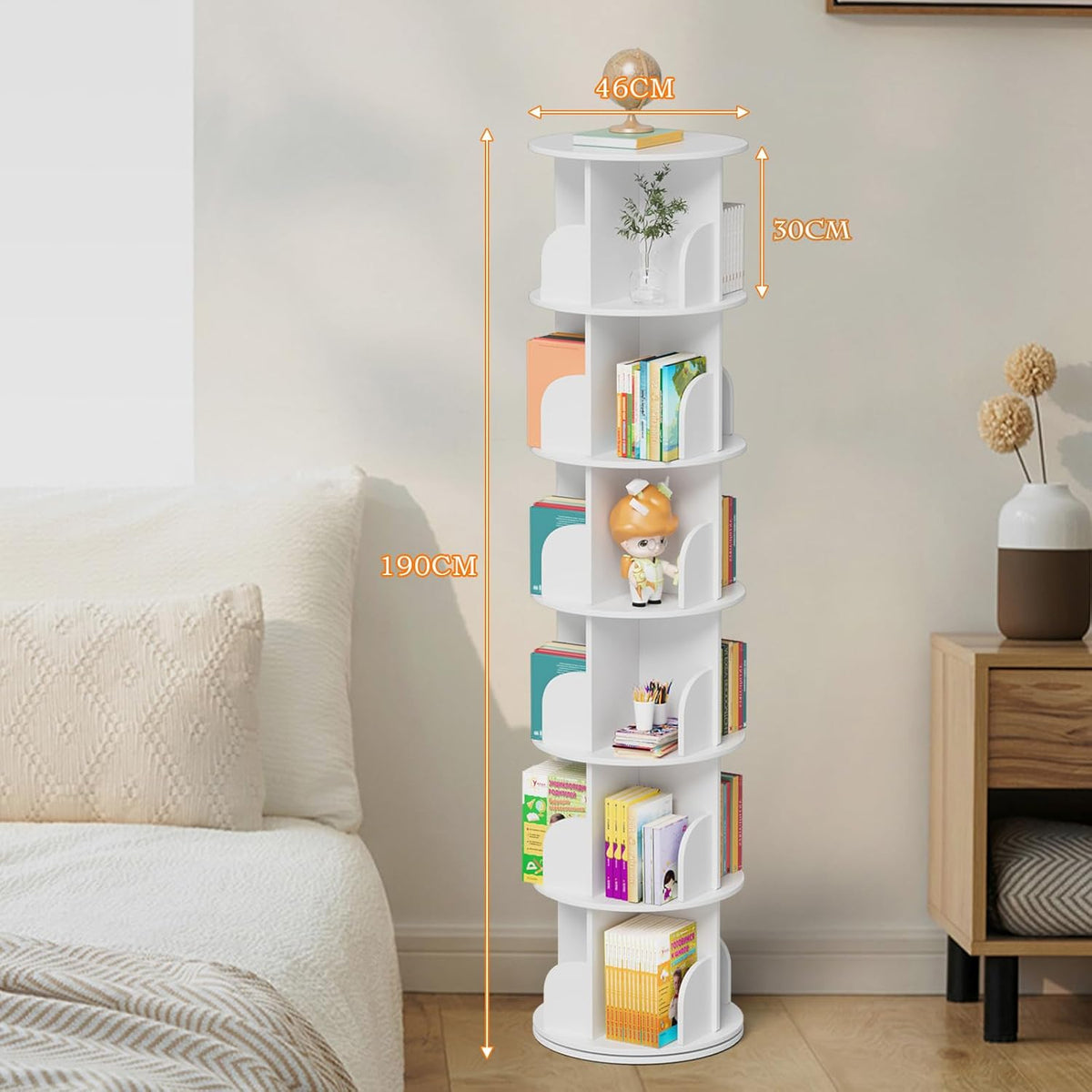 tonchean Boekenkast, 6-traps draaibaar, 360 graden draaibaar, boekenkast, opbergrek, multifunctioneel staand rek, opbergrek, roterende boekenplank, wit, voor slaapkamer, kinderkamer, woonkamer