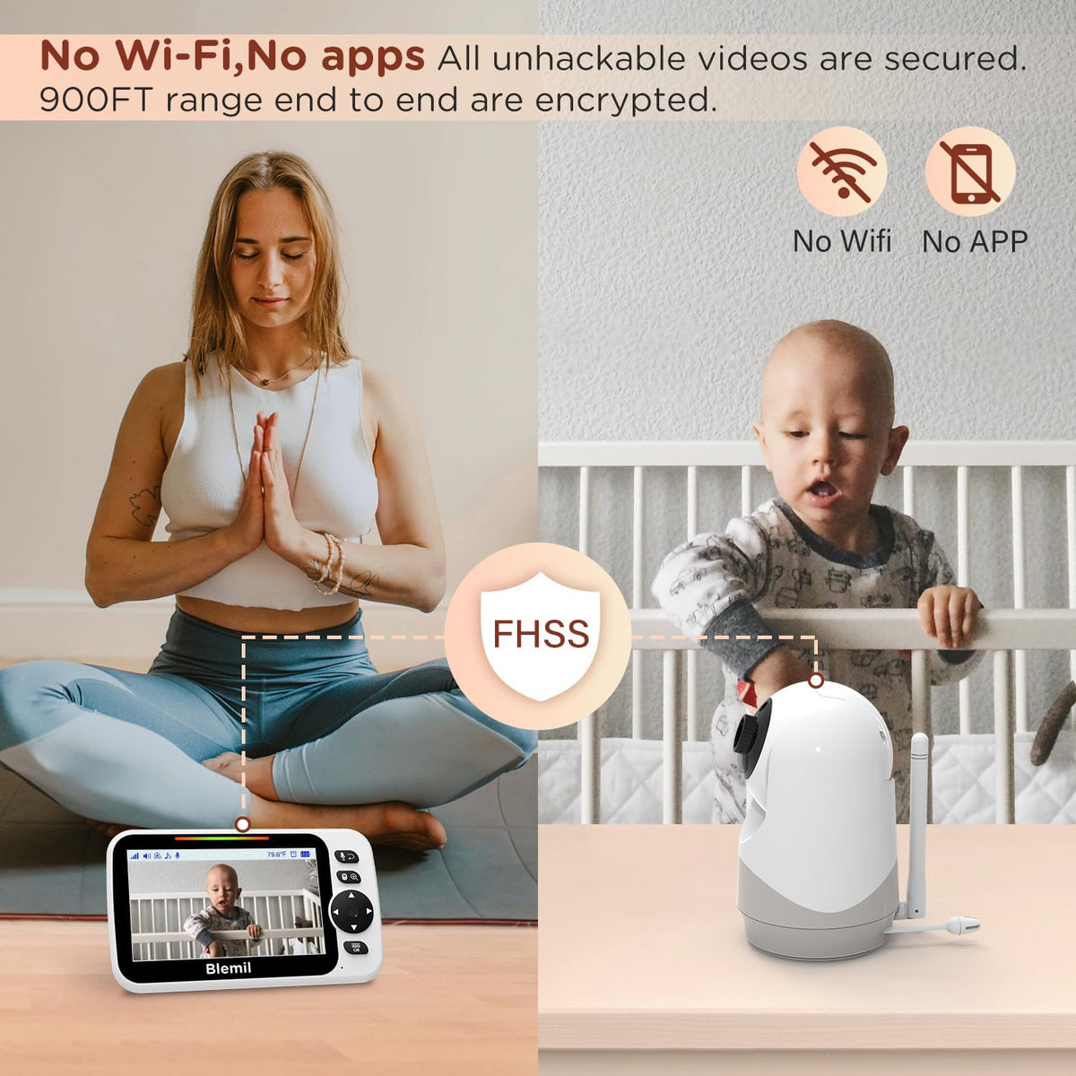 Blemil Monitor voor baby's met batterij van 30 uur, Monitor voor baby's video van groot scherm van 5 inch met camera en audio, nachtzicht, zwabbers, zonder WiFi