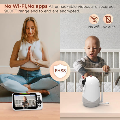 Blemil Monitor voor baby's met batterij van 30 uur, Monitor voor baby's video van groot scherm van 5 inch met camera en audio, nachtzicht, zwabbers, zonder WiFi