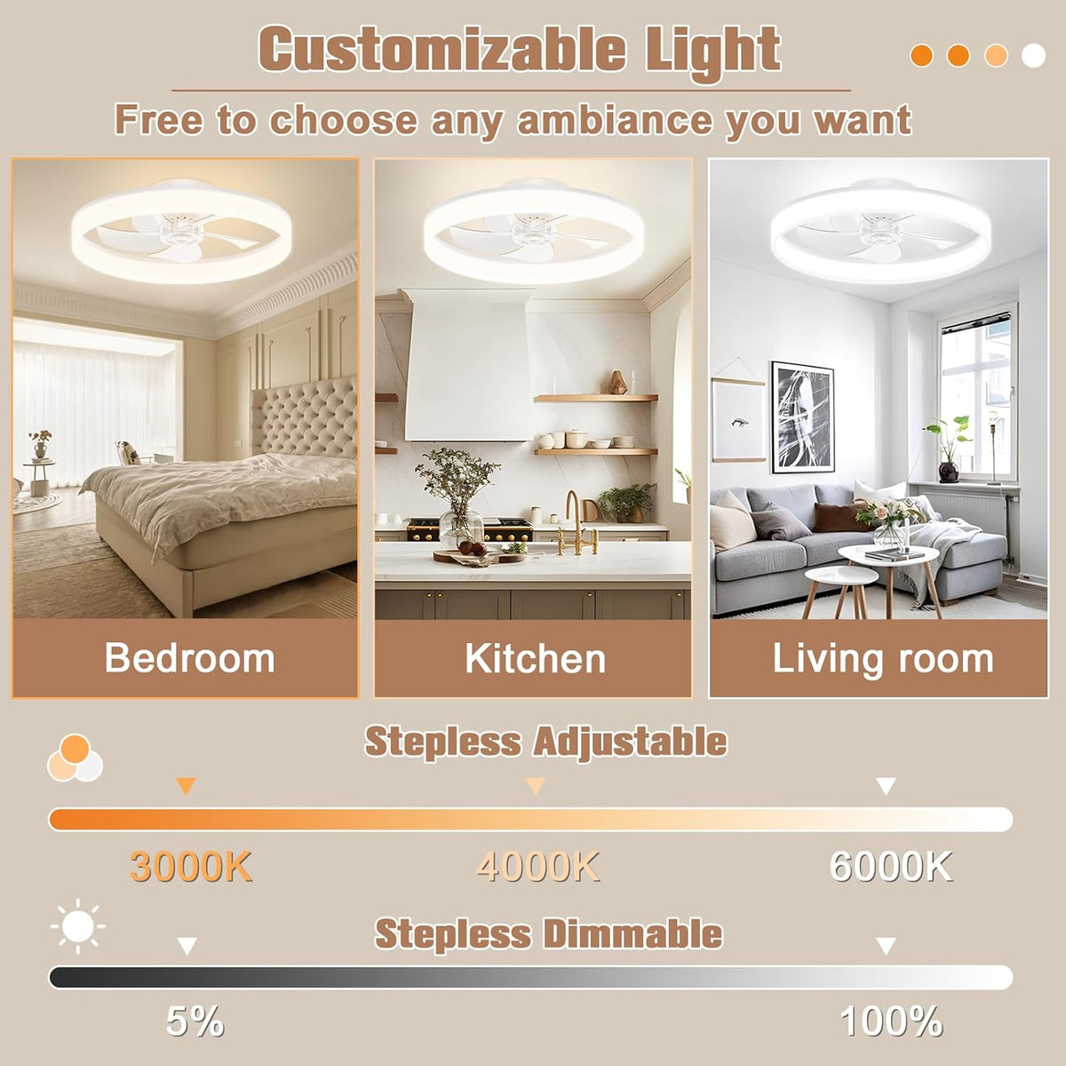 VOLISUN Plafondventilator met verlichting en afstandsbediening, 6 windniveaus en dimbaar, moderne plafondlamp met ventilator, stille led-plafondventilator voor slaapkamer en woonkamer (zwart, 50 cm)