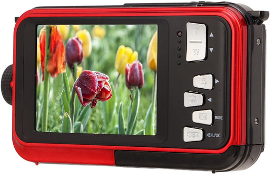 Onderwatercamera, 2,7 K 48MP 10ft Waterdichte Digitale Camera, 16X Digitale Zoom, Dubbele Scherm Selfie Onderwatercamera voor Snorkelen (rood)