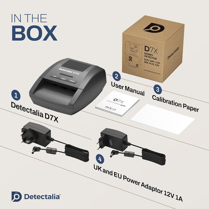 Detectalia D7X Bankbiljettencontroleur en telmachine afzonderlijk - Valsgeld tester met 7 herkenningstests voor euro, gbp, chf, pln, czk en sek