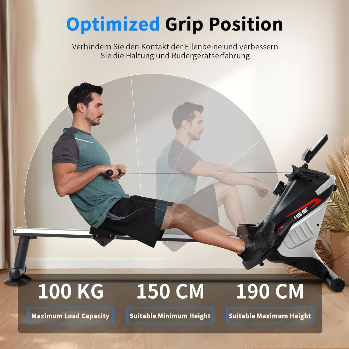 ISE Roeitoestel voor thuis, magnetisch roeitoestel met app en lcd-display en 8 weerstandsniveaus, stil, magnetisch roeitoestel, stil thuisroeitoestel voor cardio-training, indoor-apparaat voor