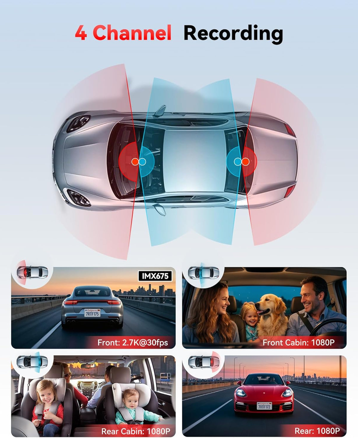4-Kanaals Dashcam – Autocamera – Rijcamera – Parkeercamera – Autorijcamera – 2.7K Voorcamera – 360° Draaibare Achtercamera