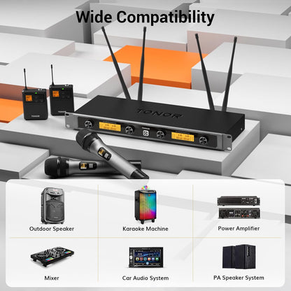 TONOR UHF Draadloze Microfoon Systeem met Draadloze Handheld/Headset/Lavalier Revers Mics, Bodypack Zender, Metalen Ontvanger, 4 * 5 Kanalen 90M Bereik voor Zingen Karaoke Kerk Party DJ PA Speaker