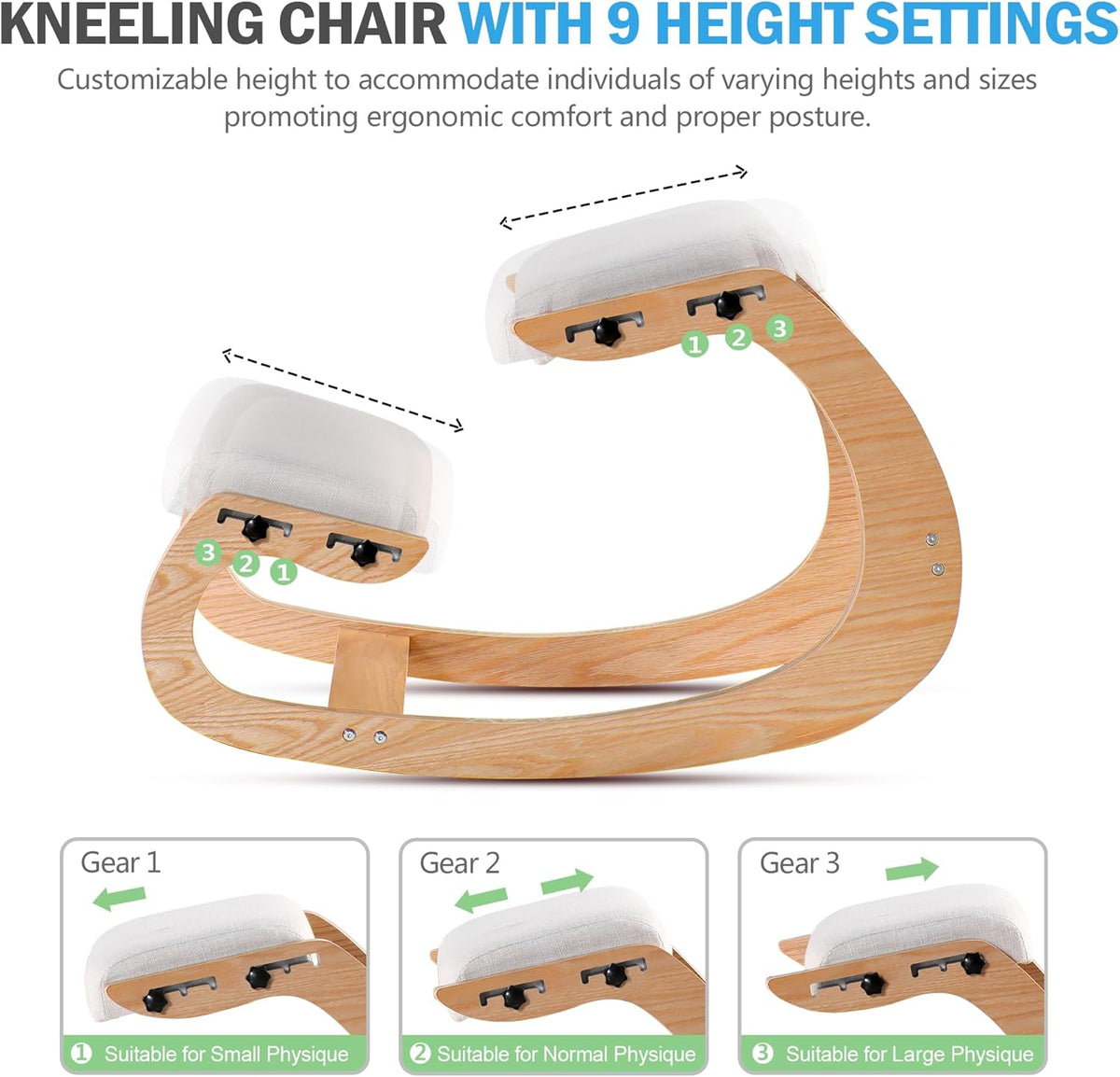 Ergonomische kniestoel, verstelbare schommelstoel van hout, verbeter je houding met een schuine zitting voor thuis, kantoor (wit eiken)