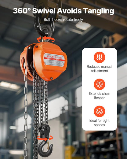 VEVOR Manual Drawstring, Capacity 3 T, with Galvanized Chain G80, Lift Height 6 m, Pulley with Pulley for Cars in Warehouse, Orange