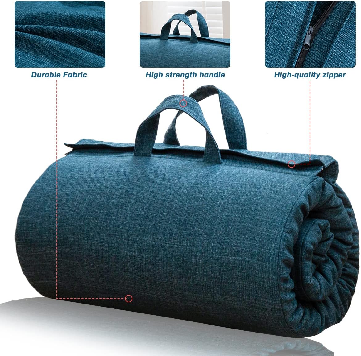 MAXYOYO Draagbare opvouwbare futonmatras, hypoallergene stof en schuimmatras met hoge dichtheid met handvat en rits, voor buiten, binnen, camping, gastenauto (blauw, 71 x 190 cm)