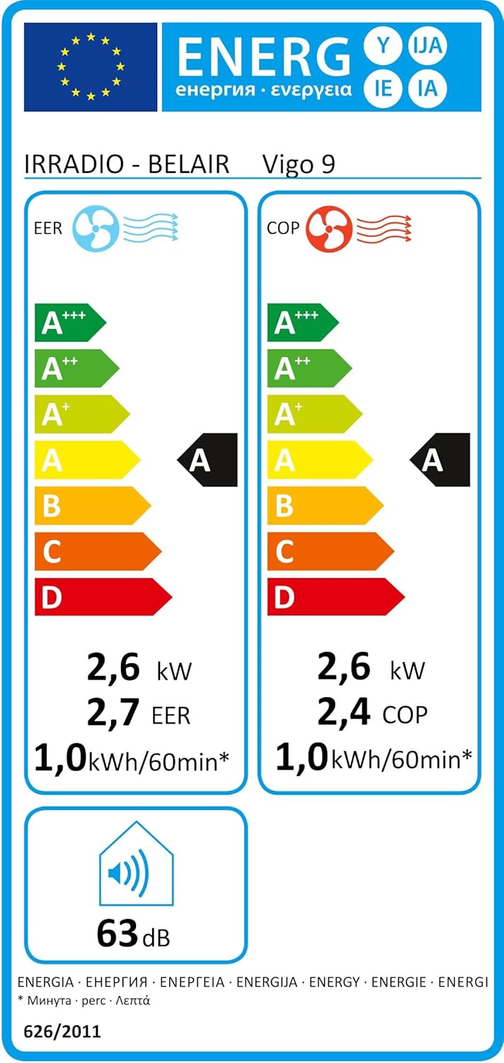Vigo 9 Draagbare airconditioner, 9000 BTU, met warmtepomp en luchtontvochtiger, R290-gas, geavanceerde functies, draadloze lcd-afstandsbediening, programmeerbare timer en wielen, 63 dB
