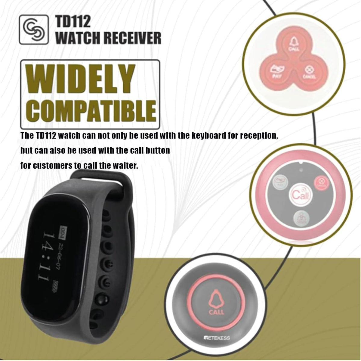 Retekess TD154 Restaurant Pager, Keuken Oproepsysteem, Zender Toetsenbord Ondersteunt Touch Screen, One-Key Calling Functie, 7 Talen Watch for Restaurant Kitchen
