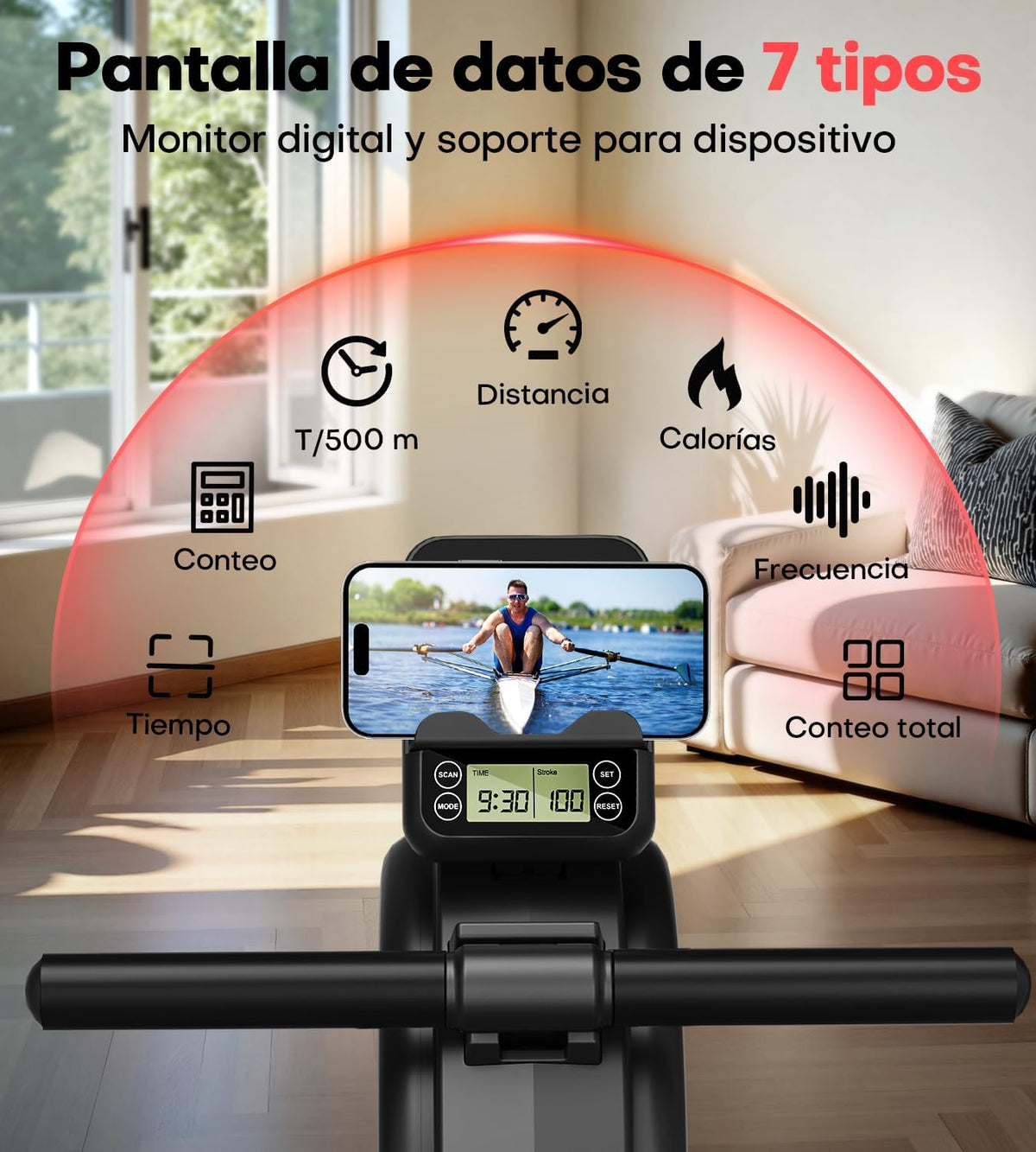 Home Rowing Machine, Magnetic Rowing Machine with Upgrade, Dual Slide Rails, App Connection, 16 Resistance Levels, LCD Data Display, Maximum Load 160 kg, Rowing - QUORE