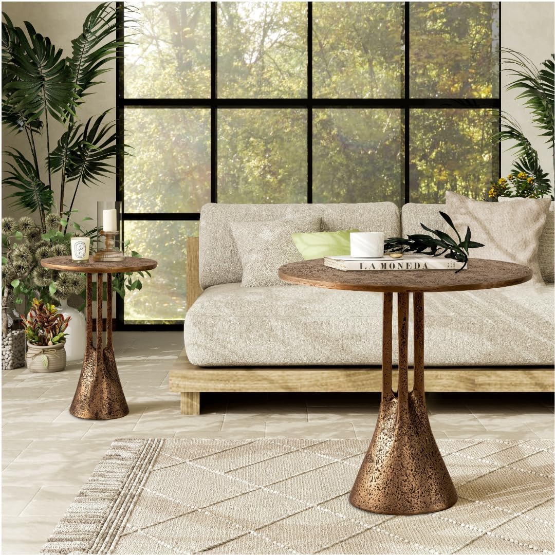SHYFOY Ronde bijzettafel, 40 cm diameter, vintage brons, tafelblad van glasvezel en gehard glas, retro accenttafel voor woonkamer, slaapkamer en terras, 56 cm hoog