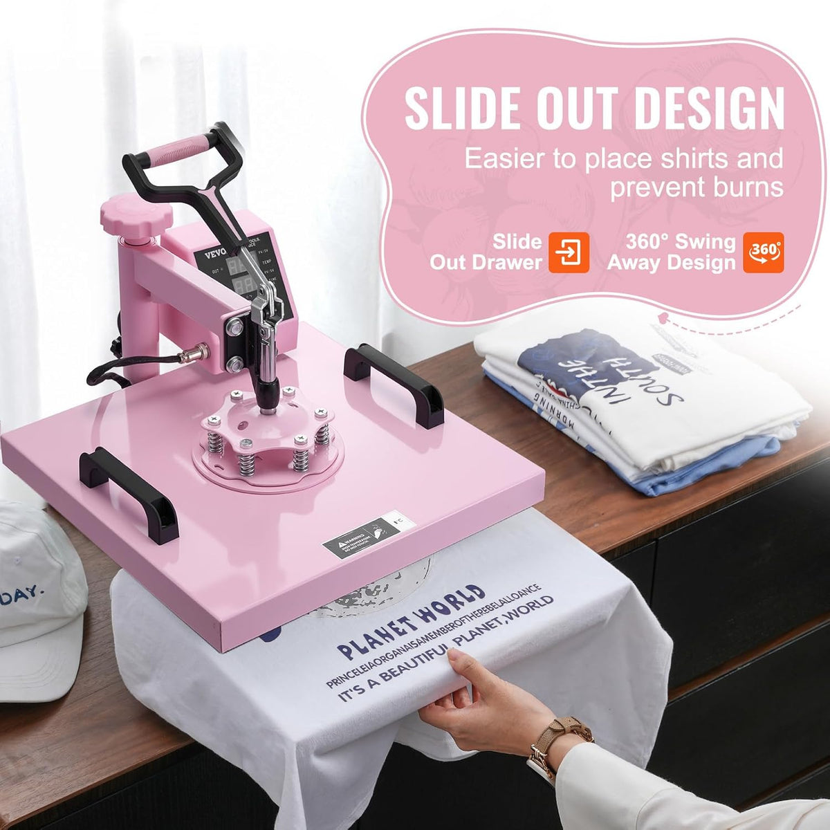 VEVOR Warmteoverdrachtsmachine, 380 x 380 mm, 8-in-1 hittepersmachine, trommelpers, 0,17 kg-0,85 kg, 360 graden oscillerende T-shirt-pers voor T-shirts/platen, roze