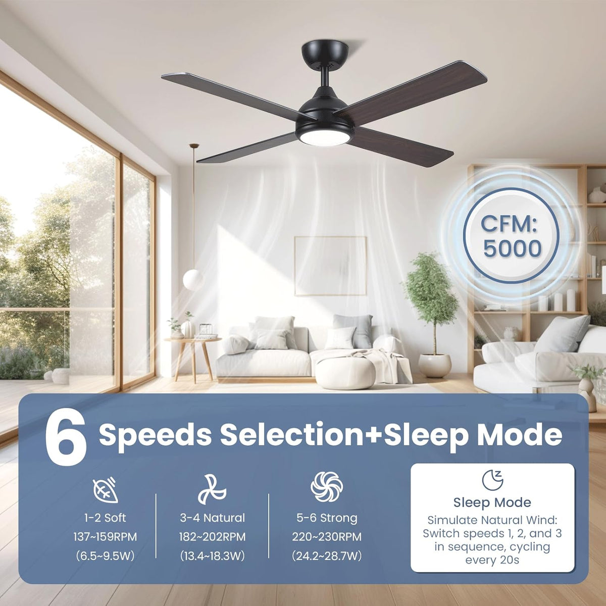 CJOY Plafondventilator met afstandsbediening, 122 cm, houten plafondventilator met licht, stil, 6 snelheden, geheugen 3CCT, dimbaar, omkeerbare DC, slaapmodus, timer, slaapkamer