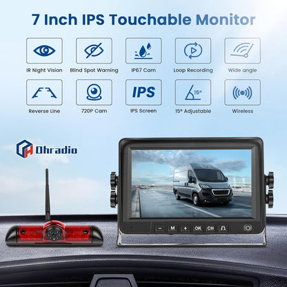 Ohradi Draadloze achteruitrijcameraset met Top Mount achteruitrijcamera, 7 inch (17,8 cm) monitor, IP67 waterdicht, nachtzicht, achteruitrijcamera voor vrachtwagens, bestelwagens, campers, pickups, 12