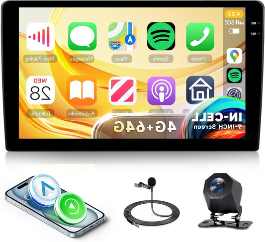 Rimoody 4G + 64G Android 13 Car Radio 2 Din 9 Inch Touch Screen Car Radio with Wireless Carplay Android Car Navi GPS Mirror Link Bluetooth FM/RDS/EQ Steering Control Rear View Camera - QUORE