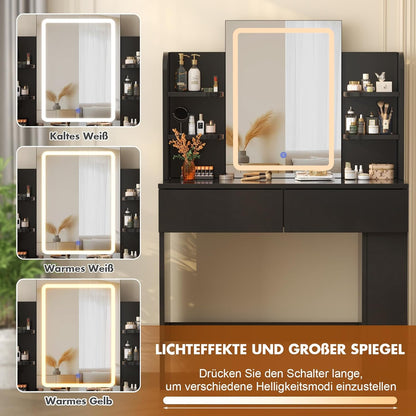 Devoko Dressing Table with Mirror and Lighting,Adjustable Brightness,Makeup Table with 2 Drawers, 4 Shelves, Modern Makeup Desk for Bedroom and Dressing Room (Black, 90 X 40 Centimeters) - QUORE