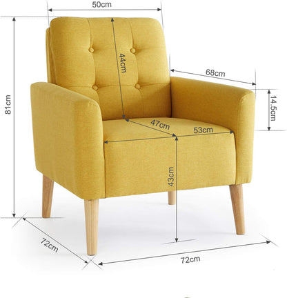 Meerveil Fauteuil bank, massief houten poten, moderne badstoel voor slaapkamer, woonkamer, balkon, kantoor, 72 x 72 x 81 cm, geel