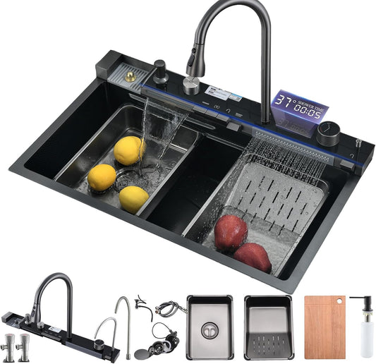 304 Roestvrij Staal Keuken Spoelbak, 75x45x21cm Zwarte Enkele Kom Multifunctionele Waterval Sink