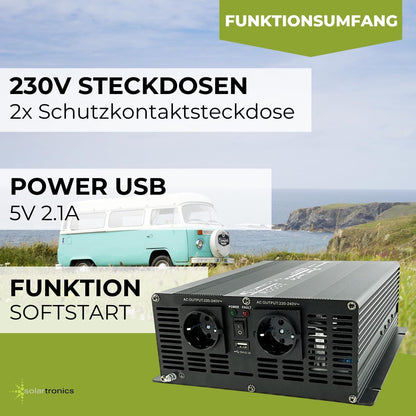 solartronics NM Spanningsomvormer, omvormer, 2000-4000 watt, 12 V naar 230 V, zwart, USB, Schuko, tuin, camping, camper (2000 watt, 12 V)