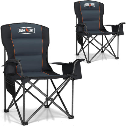 OVERMONT 2 stuks extra grote campingklapstoel voor volwassenen met zijzak en draagtas - Heavy Duty stalen frame ondersteuning 204 kg met hoge rug en bekerhouder, comfortabel voor tuin, picknick,