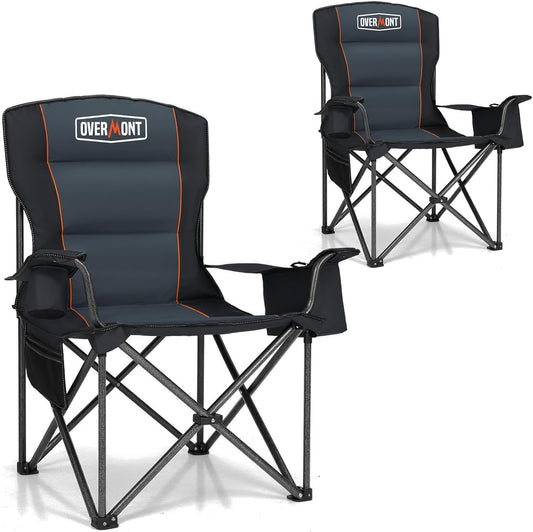 OVERMONT 2 stuks extra grote campingklapstoel voor volwassenen met zijzak en draagtas - Heavy Duty stalen frame ondersteuning 204 kg met hoge rug en bekerhouder, comfortabel voor tuin, picknick,