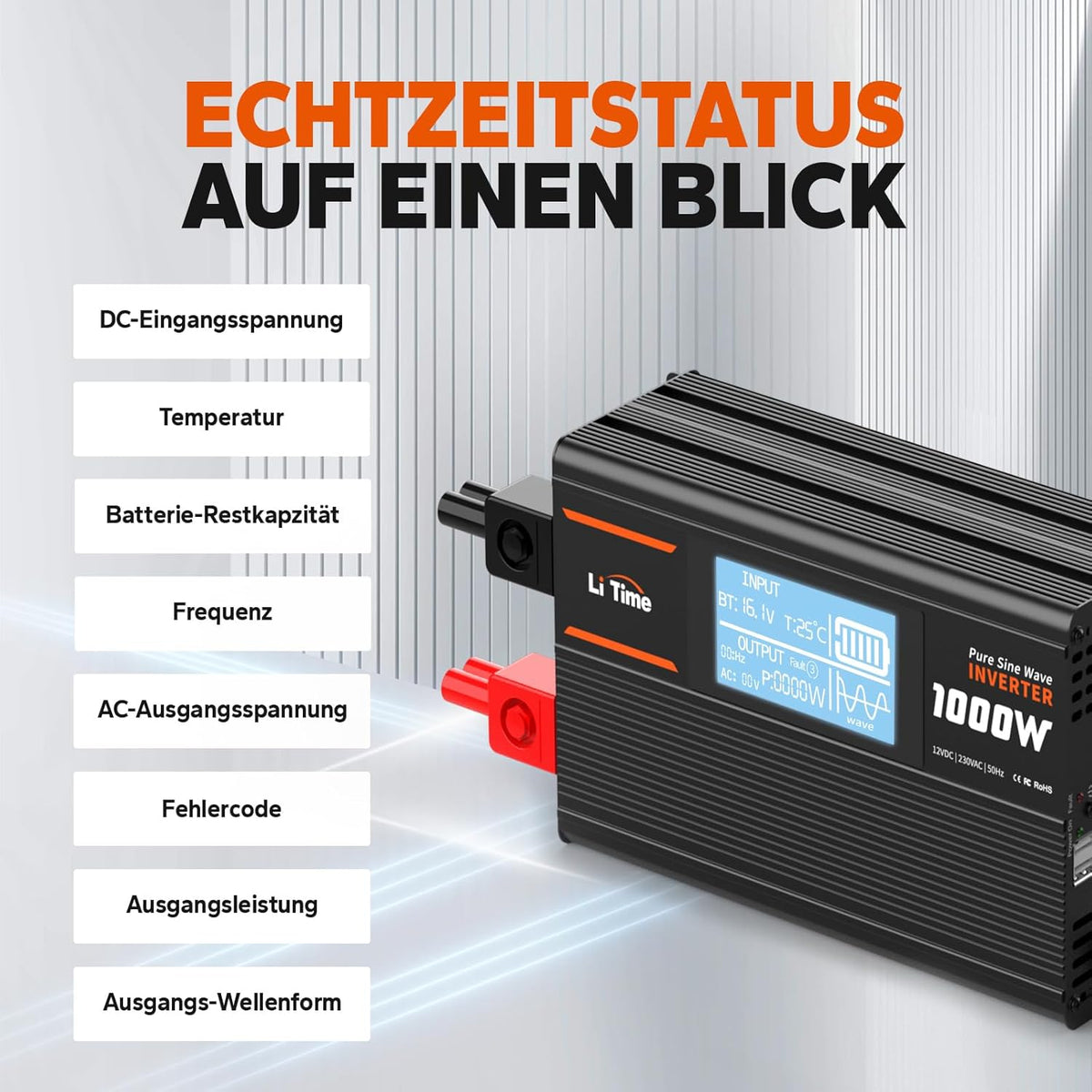 12V naar 230V Omvormer – Spanningsomvormer – Spanningsconverter – DC naar AC Omvormer – Zonnestroom Omvormer – 1000W Continu, 2000W Piekvermogen – Zuivere Sinusgolf met LCD Bewakingsscherm en 2 AC Uitgangen
