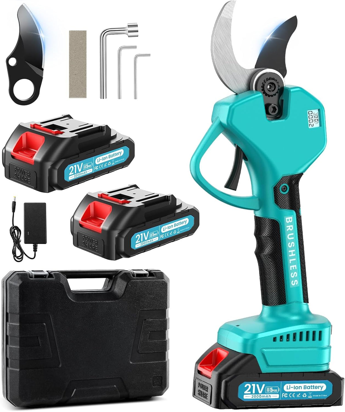 Elektrische Snoeischaar, max. 40-50 mm snijdikte, 21V 2x2 Ah Accu Snoeischaar 6-10 uur Werktijd, 800 W Borstelloze Motor Draagbare Snoeischaren met Display, Voor Boomgaard, Tuin, Boerderij, Park