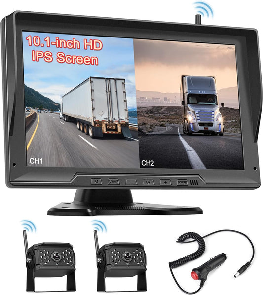 Digitale Achteruitrijcamera – Draadloze Parkeerhulp – Backup Camera – Camera Systeem – 10,1 Inch HD Monitor – IP68 Waterdicht – Nachtzicht - QUORE