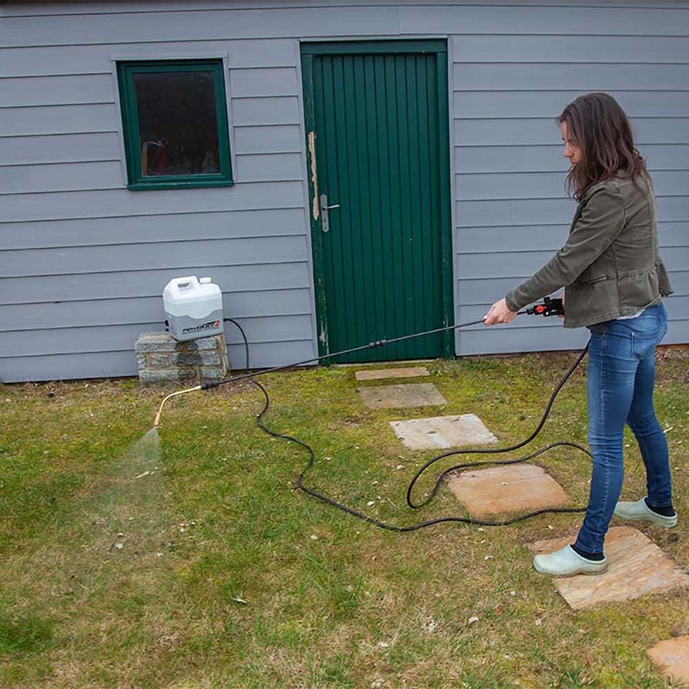 Multirex PowerJet 2 elektrische sproeier 12 V, bereik 10 m, looptijd 5 uur, pomp 5,5 bar met drukschakelaar, carbon lans 1,5 m, 7 sproeiers, externe afzuiging, ontschuimen daken gevels