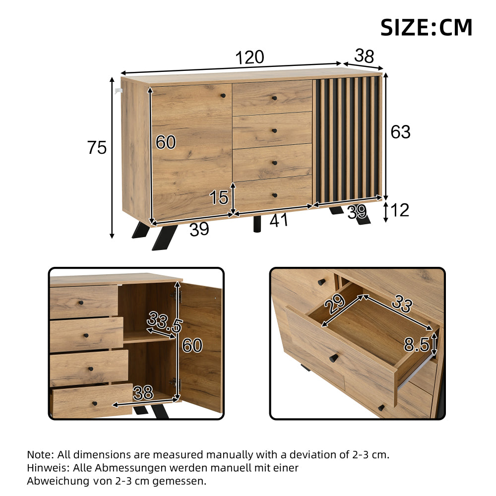 Dressoir – Sideboard – Ladekast – Opbergkast – Commode – Modern Wit – 4 Laden & 2 Deuren – 120x38x75 cm – Zwarte Poten