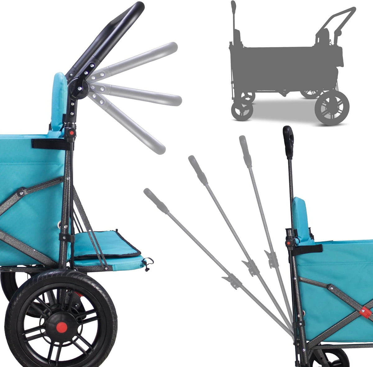 Opvouwbare bolderwagen Hemelsblauw – Bolderkar – Handwagen – Transportwagen – Strandkar – 2 klapstoelen met veiligheidsgordels en dak – 180L capaciteit, draagvermogen 120 kg