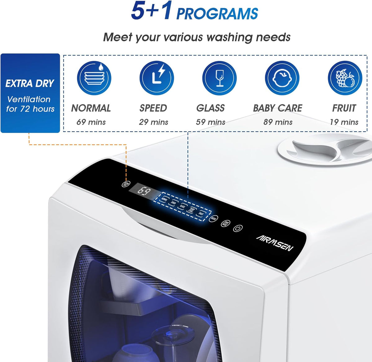 AIRMSEN Mini-vaatwasser met 5 + 1 programma's, tank van 5 liter, 2 watervoorzieningsmogelijkheden, touch-bediening en led-display, ideaal voor familiekeuken, woningen, wit