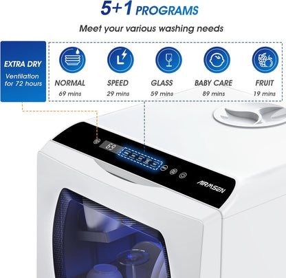 AIRMSEN Mini-vaatwasser met 5 + 1 programma's, tank van 5 liter, 2 watervoorzieningsmogelijkheden, touch-bediening en led-display, ideaal voor familiekeuken, woningen, wit
