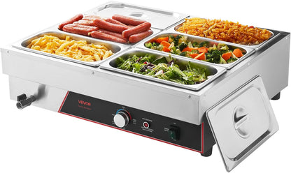 VEVOR Voedselwarmer met 6 containers van 1/3 formaat en netsnoer, roestvrij staal, 1500 W, voor waterbad, restaurants, feestjes en buffetten, 690 x 570 x 220 mm