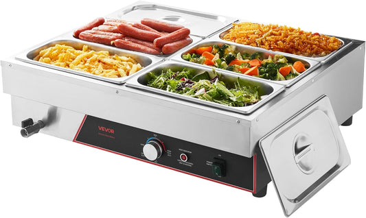 VEVOR Voedselwarmer met 6 containers van 1/3 formaat en netsnoer, roestvrij staal, 1500 W, voor waterbad, restaurants, feestjes en buffetten, 690 x 570 x 220 mm