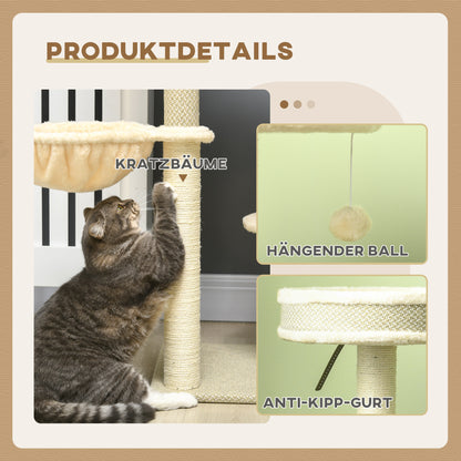 Krabpaal – Kattenkrabmeubel – Kattenboom – Krabton – Kattenhuis – Met Kattenholte en Hangmat – 124 cm Hoog – Natuurlijk Sisaltouw & Pluche Ligplaatsen