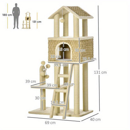 Krabpaal – Kattenboom – Kattenhuis – Kattenklimtoren – Kattenmeubel – 130 cm Hoog – Stevig Spaanplaat – Ruimtebesparend Ontwerp – Beige/Kaki