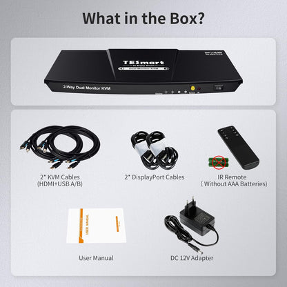 TESmart 4K@60Hz DisplayPort HDMI KVM Switch 2 PC 2 Monitoren, KVM-schakelaar met EDID, audio, 3x USB voor scanner, printer, Toetsenbord Muis, sneltoets, met invoerkabel, IR-afstandsbediening