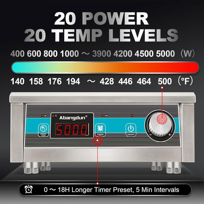 Commerciële inductiekookplaat, 5000 W, 220 V ~ 240 V, professionele commerciële inductiekookplaat met 20 standen, 60-260 °C, 18-uurs timer, roestvrij staal en glas, voor gastronomie, restaurant