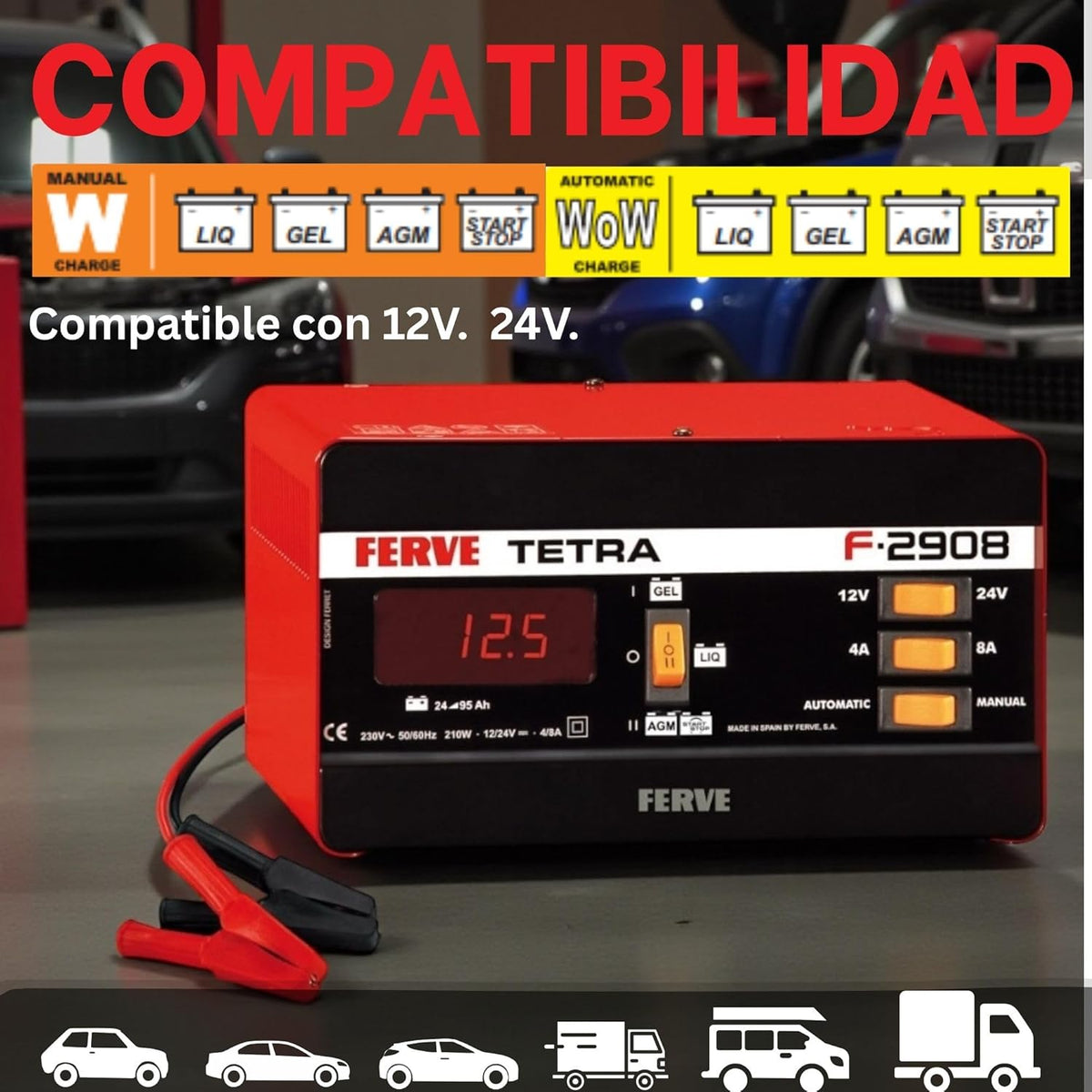 Oplader voor loodaccu’s – Batterijlader – Acculader – Loodzuur Acculader – 12V 24V Lader – Voor 24-95 Ah Accu’s – Digitale Voltmeter – Robuuste Metalen Behuizing
