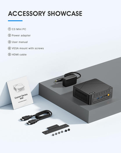 C3 Mini PC Core i3 5005U (tot 2,0 GHz, 2C/4T), 8 GB DDR3 RAM 512 GB SSD, Dual Display/W10 Pro/WiFi 5/BT5.0/RJ45 LAN, Desktop PC voor Kantoor/Huis/Onderwijs